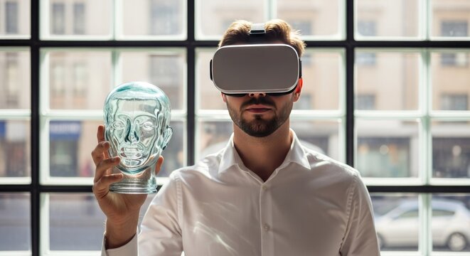 Man wearing virtual reality headset exploring a 3D model of a human head