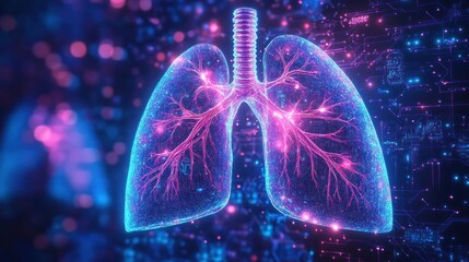 glowing neon human lungs with branching bronchi and trachea over digital circuitry and particle lights, futuristic medical visualization conveying wonder and vitality