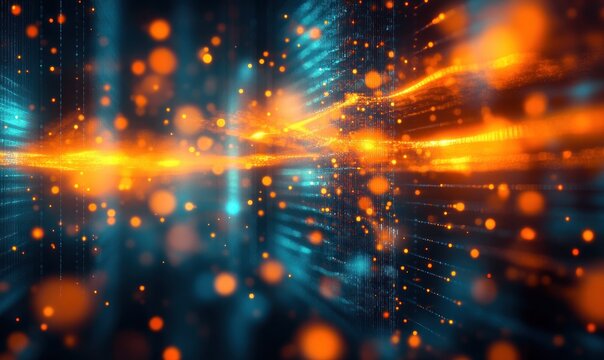 Glowing orange particle wave threaded through vertical blue light columns and dotted lines with floating bokeh orbs, conveying dynamic futuristic energy and motion