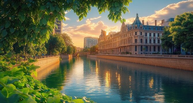 Sunlit canal beside an ornate historic building framed by leafy trees, calm water reflections and a golden sunset evoking peaceful tranquility - Powered by Adobe