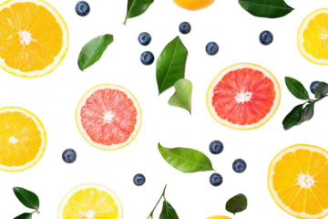 A arrangement of fresh citrus fruits including oranges. grapefruits. and blueberries. surrounded by green leaves on a clean white background. ideal for healthy eating or culinary themes