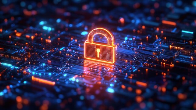 Glowing orange padlock on an illuminated blue circuit board conveying futuristic digital security and protection, a vigilant high-tech atmosphere
