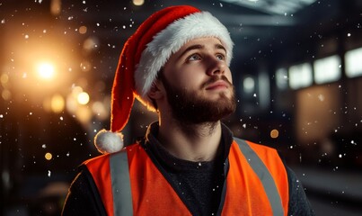 Young man in a safety vest and santa hat looking up, standing in a warehouse during the festive christmas season