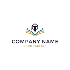 Educational logo design featuring an open book, a graduation cap, and the letters QP as a monogram.