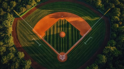 Aerial view of a sunlit baseball diamond with striped grass, clay infield, pitcher mound, bases, foul poles and surrounding trees, bathed in warm golden light and evoking calm nostalgia