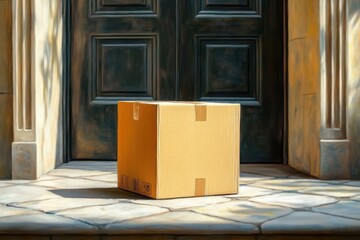 Cardboard delivery box resting on a sunlit stone doorstep in front of a dark wooden paneled door, casting long shadows and evoking quiet anticipation