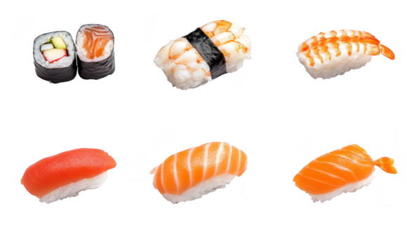 A assortment of sushi pieces displayed on a clean white background. various types including nigiri and maki. ideal for culinary articles and food photography