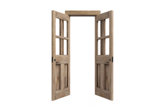 A beautifully crafted wooden double door standing open. inviting light into a spacious area. a minimalist design with a clean background ideal for architectural and interior design use