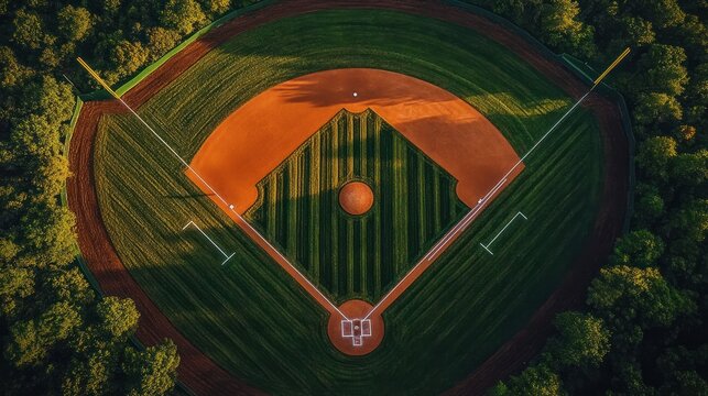 Aerial view of a sunlit baseball diamond with striped grass, clay infield, pitcher mound, bases, foul poles and surrounding trees, bathed in warm golden light and evoking calm nostalgia