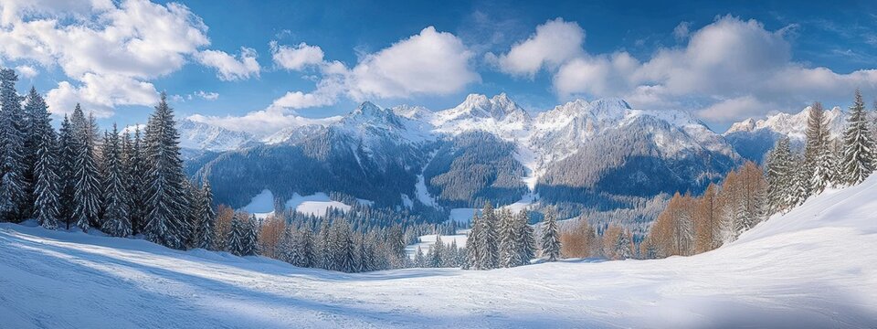 Panoramic snowy alpine valley with frosted evergreen trees, sunlit slopes and distant rugged snow-capped peaks under a blue sky with fluffy clouds, serene winter landscape - Powered by Adobe