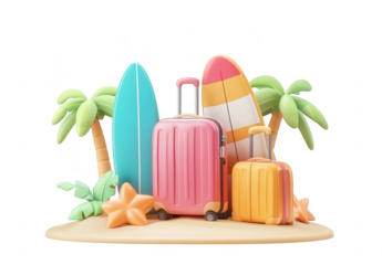 A vibrant. colorful scene featuring two stylish suitcases beside surfboards on a sandy beach. surrounded by palm trees and starfish. evoking a fun vacation atmosphere perfect for travel-related conten