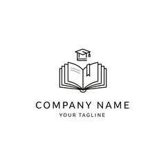 Obraz premium Minimalist line art logo featuring an open book with a graduation cap, symbolizing education, knowledge, and academic achievement.