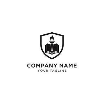 Shield logo with book and torch for education or knowledge.