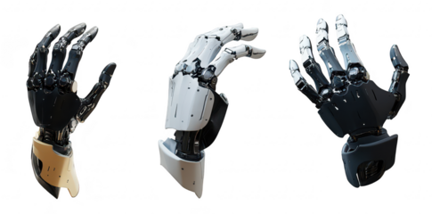 A close-up view of three robotic hands in varying designs and colors. advanced technology and intricate mechanical features. set against a clean. white background. ideal for tech-related content