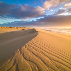 A sweeping dune landscape meets the ocean under a dramatic sky at dusk with warm light caressing the textured sand