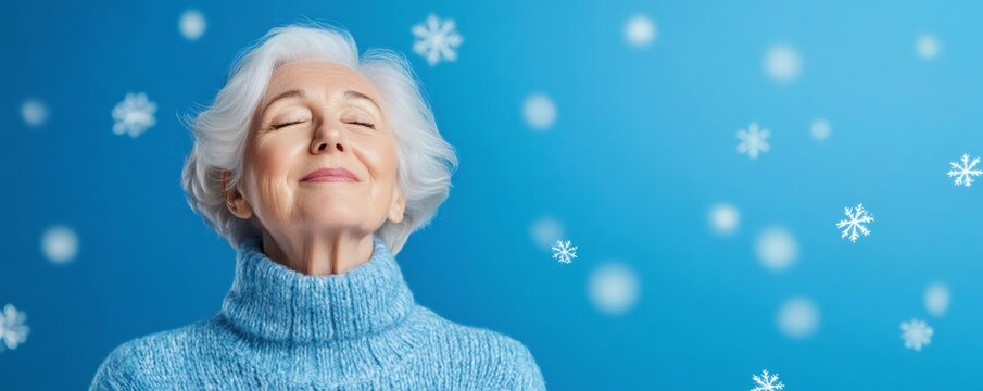 Senior woman with closed eyes smiling, wearing a blue sweater, enjoying the calm and warmth of the winter season with falling snowflakes