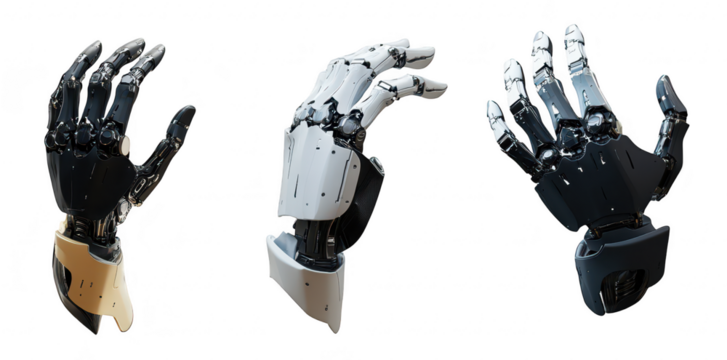 A close-up view of three robotic hands in varying designs and colors. advanced technology and intricate mechanical features. set against a clean. white background. ideal for tech-related content