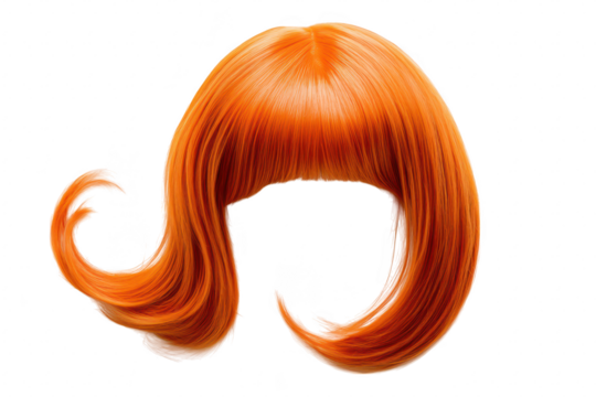 A orange wig with a smooth. glossy finish. styled with bangs and flowing strands. displayed against a clean white background. ideal for fashion shoots or costume design