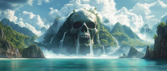 massive skull-shaped mountain on a lush tropical island with waterfalls pouring from eye sockets and mouth, surrounded by cliffs, turquoise sea, misty clouds, mysterious awe