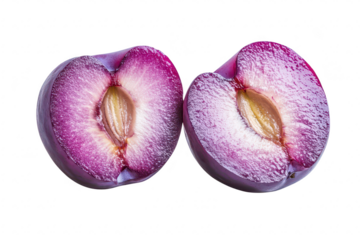 A vibrant. freshly cut plum its rich purple skin and juicy interior. placed on a clean white background. highlighting its natural beauty and freshness for culinary or health-related uses