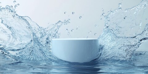 white cylindrical electronic device on water with dramatic splashes and droplets conveying freshness and dynamic motion
