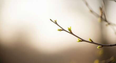 Fototapeta premium Delicate new green leaf buds emerge from a slender tree branch against a bright, soft background