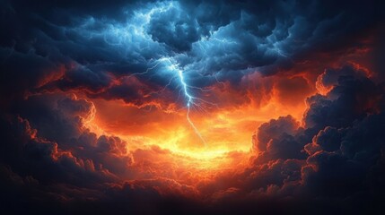 Swirling storm clouds split by a blue lightning bolt over a fiery orange glowing sky, dramatic ominous scene evoking awe and intense energy