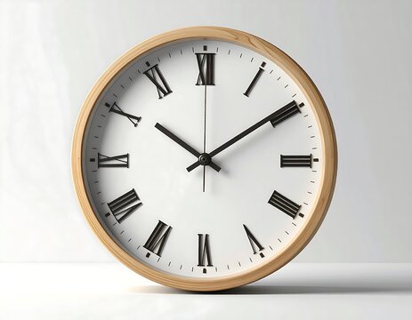 A close-up studio shot shows a round clock, Roman numerals on a white face, with light-wood frame and hands, placed on a surface