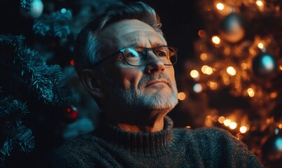 Senior man with glasses in a knit sweater thinking during holiday celebrations, framed by festive christmas tree lights