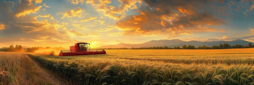 red combine harvester cutting through a golden wheat field at sunset under dramatic clouds with distant mountains and warm glowing light conveying peaceful industriousness