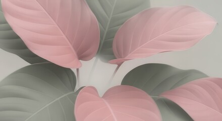 Close up view displays large textured foliage showcasing soft pastel pink and muted green coloration