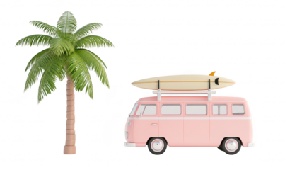 A pink vintage van parked beside a tall palm tree. with a surfboard mounted on the roof. set against a clean white background. evoking a beach lifestyle and summer adventures