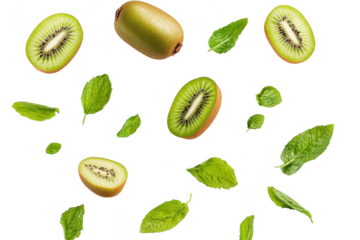 Fresh kiwi fruits and mint leaves scattered on a clean white background. colors and textures. ideal for food photography. recipes. or health-related content