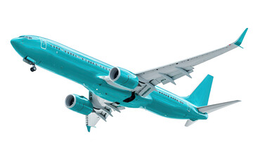 Obraz premium A turquoise commercial airplane ascending against a clear sky. modern aviation technology and design. ideal for travel and transportation themes in stock photography