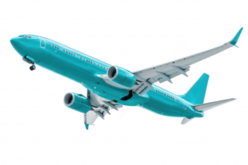 A turquoise commercial airplane ascending against a clear sky. modern aviation technology and design. ideal for travel and transportation themes in stock photography
