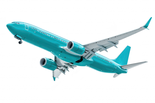 A turquoise commercial airplane ascending against a clear sky. modern aviation technology and design. ideal for travel and transportation themes in stock photography