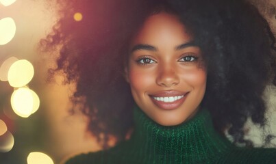 Young african american woman smiling, wearing a green turtleneck sweater, with festive lights creating a bokeh background