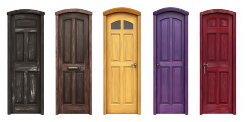 A row of five distinct doors in varying colors including black. brown. yellow. purple. and red. different styles and textures. set against a neutral background for potential home design inspiration