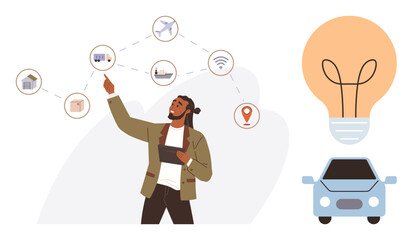 Man pointing at connected icons of transport, home, cargo, and networks while holding a tablet, with a lightbulb and car symbolizing innovation and technology. Ideal for business, tech, presentation