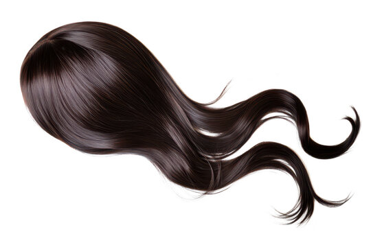 A flowing. glossy dark brown wig elegantly displayed against a white background. its natural wave and shine. perfect for fashion photography or hair styling tutorials