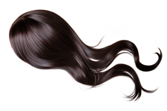 A flowing. glossy dark brown wig elegantly displayed against a white background. its natural wave and shine. perfect for fashion photography or hair styling tutorials