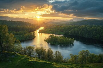 Golden sunset over a winding river and forested islands, tranquil awe-inspiring scene with sun rays, reflective water, rolling hills and dramatic cloudscape