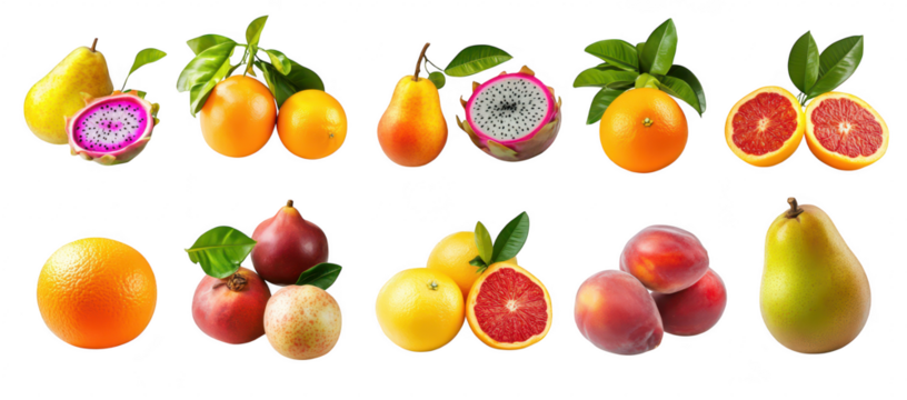 A assortment of fresh fruits including oranges. pears. and passion fruit arranged artistically on a white background. ideal for health and wellness themes