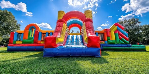 giant colorful inflatable obstacle course with twin slides on lush green grass under a bright blue sky, playful joyful summer scene