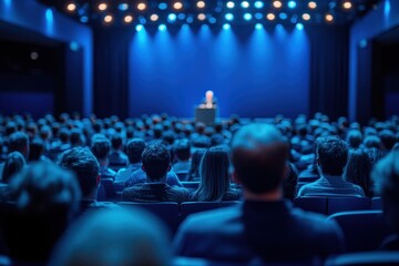 Crowd of attendees listening to a speaker at a podium on a blue-lit stage in an auditorium, attentive and focused atmosphere