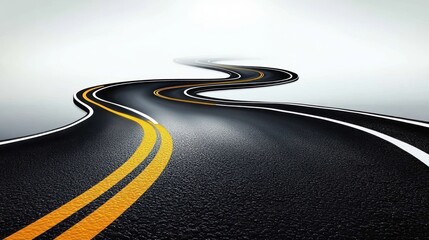 Curving black asphalt road with bright double yellow center lines and white edge markings disappearing into mist, dynamic flowing perspective evoking motion and endless journey
