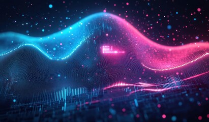 Mesmerizing neon blue and pink digital waves over a glowing dotted grid with streaming data lines, particles and pulsing motion conveying futuristic energy and wonder