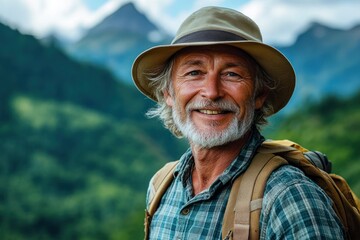 Hiker in a wide brim hat and backpack standing in a lush mountain landscape, calm and contemplative amid green forests and distant peaks