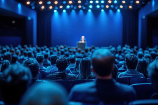 Crowd of attendees listening to a speaker at a podium on a blue-lit stage in an auditorium, attentive and focused atmosphere