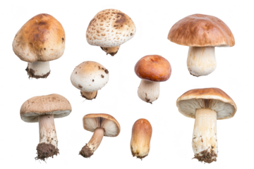 A diverse collection of edible mushrooms various shapes. sizes. and colors. arranged against a clean white background. perfect for culinary or nature-themed projects
